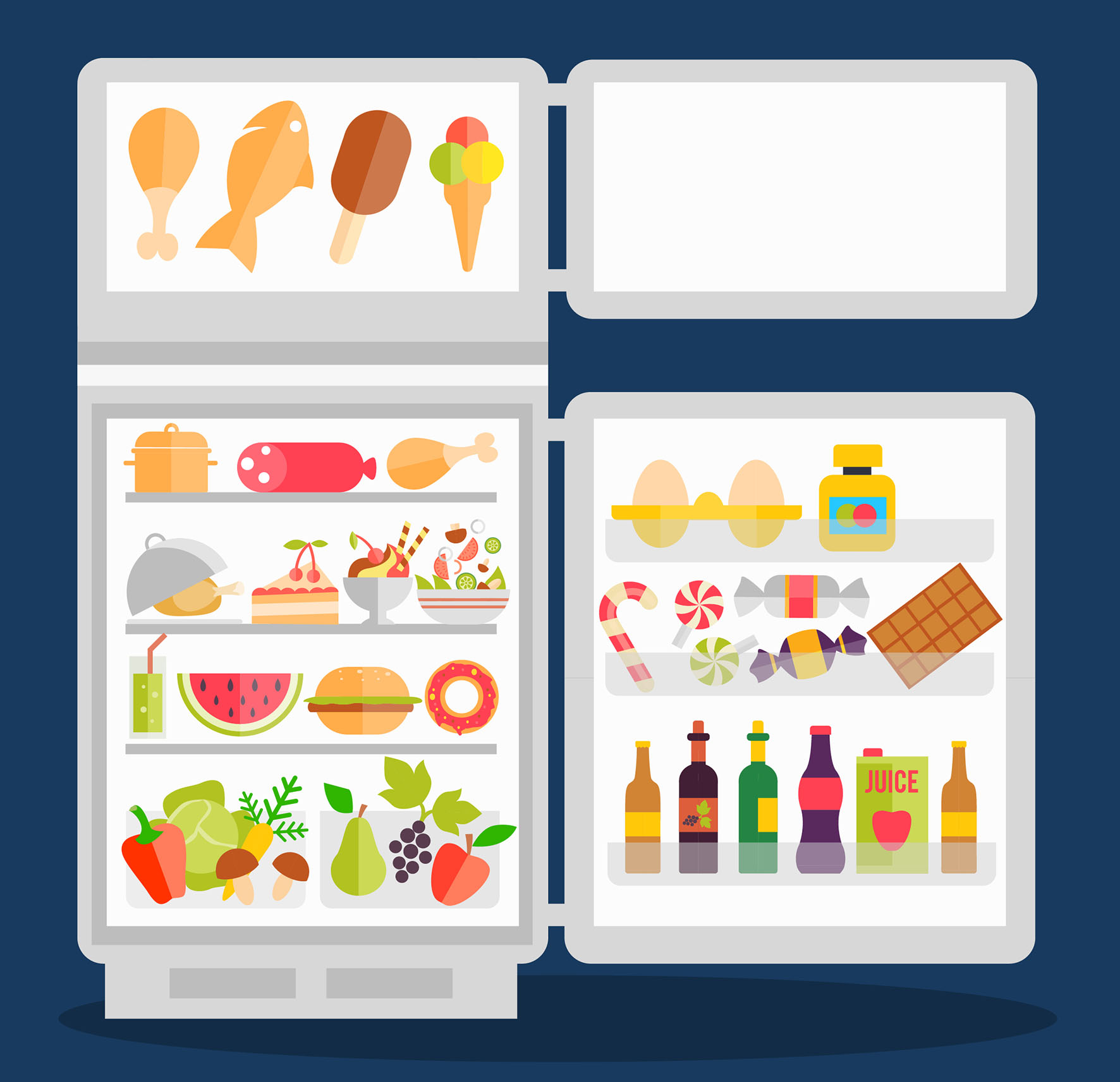 Opened refrigerator with food in flat style